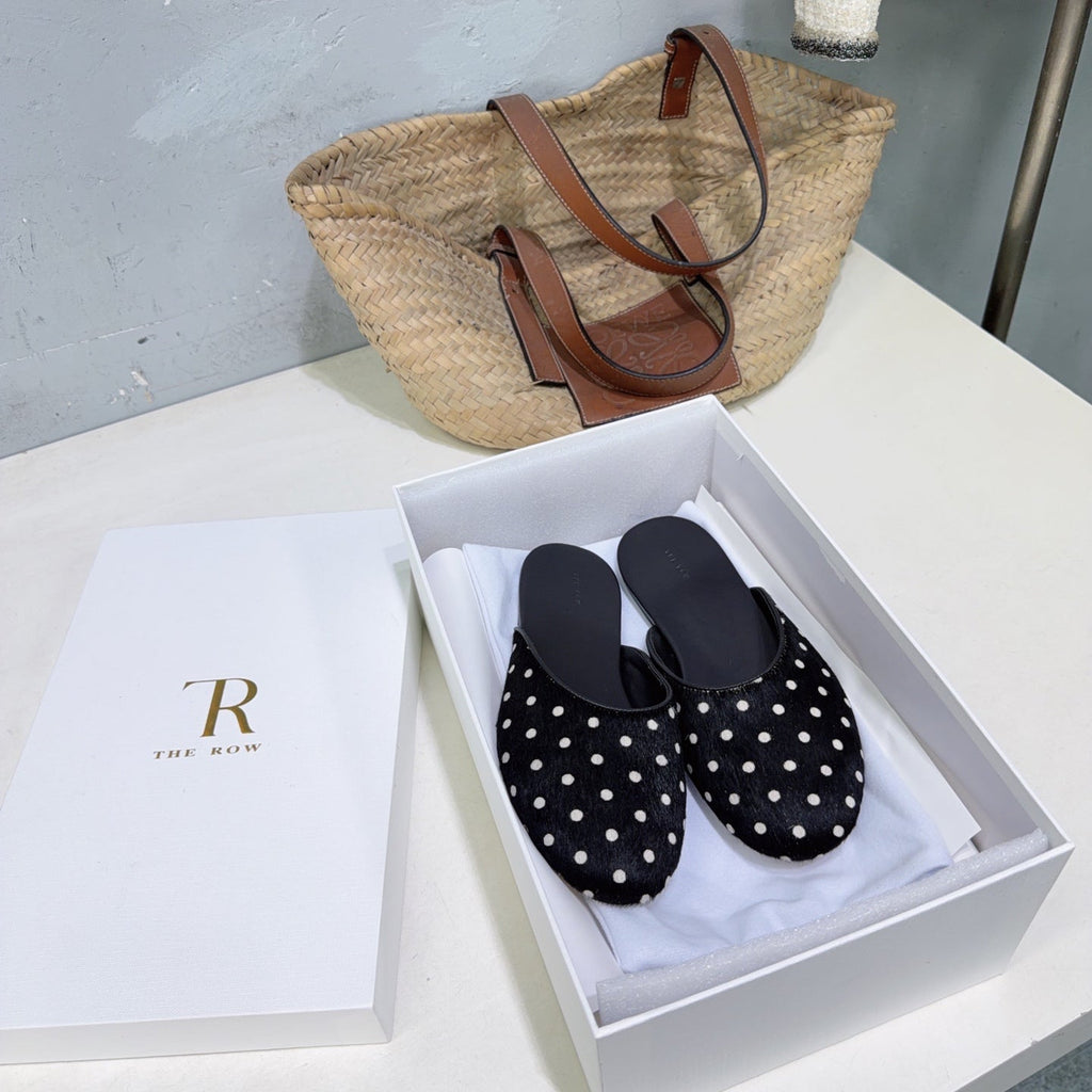 THE ROW 26S ROUND TOE MULE FLATS IN BLACK POLKA DOT CALF HAIR CALFSKIN