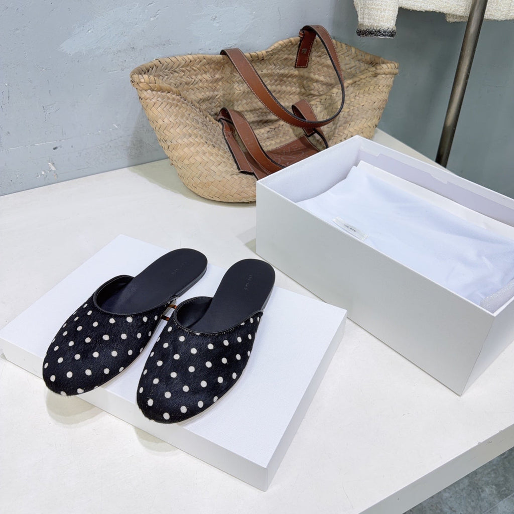 THE ROW 26S ROUND TOE MULE FLATS IN BLACK POLKA DOT CALF HAIR CALFSKIN