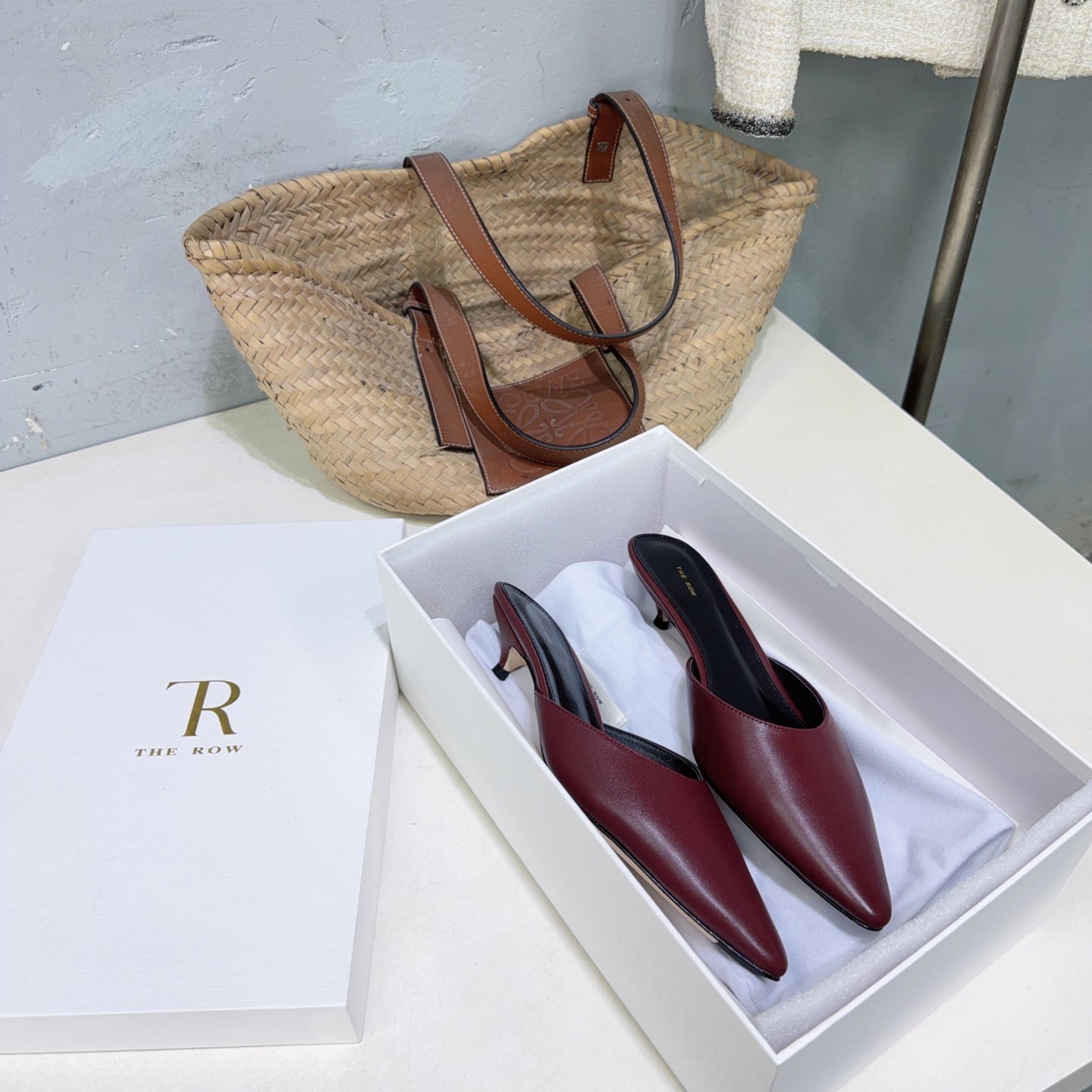 THE ROW 26S POINTED TOE MULE HEELS 35MM IN BURGUNDY RED CALFSKIN
