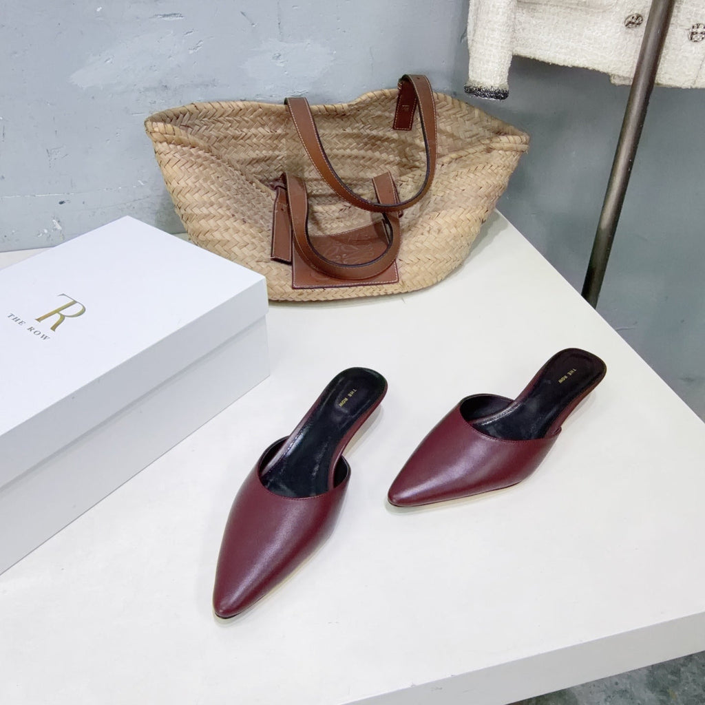 THE ROW 26S POINTED TOE MULE HEELS 35MM IN BURGUNDY RED CALFSKIN