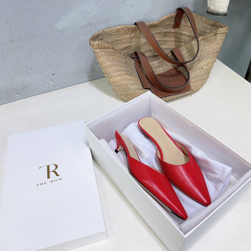 THE ROW 26S POINTED TOE MULE HEELS 35MM IN DARK RED CALFSKIN