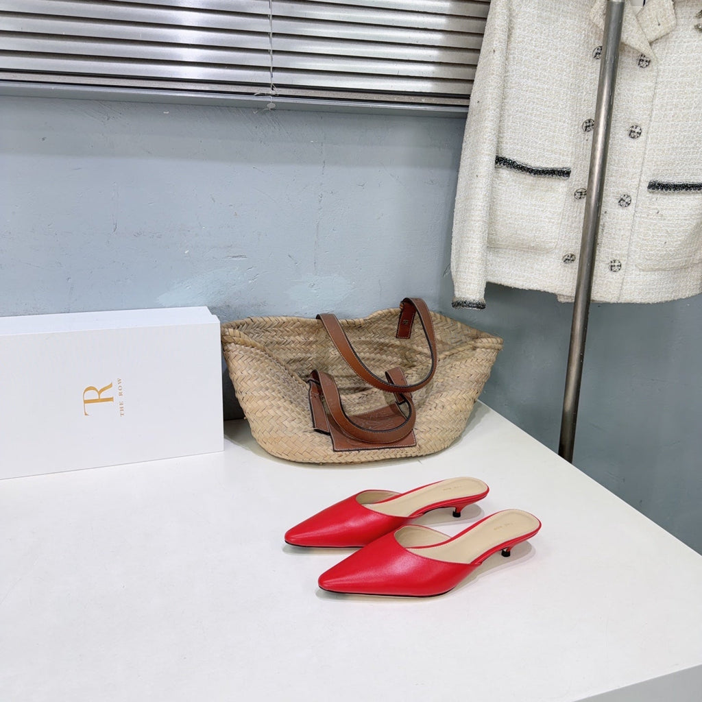 THE ROW 26S POINTED TOE MULE HEELS 35MM IN DARK RED CALFSKIN
