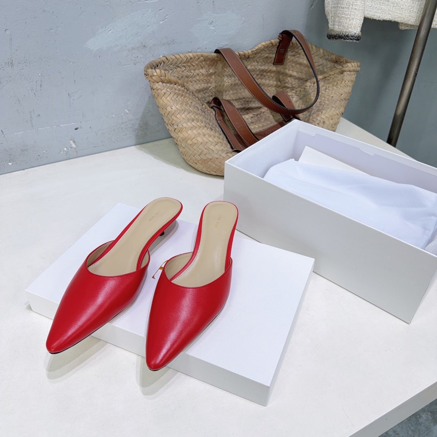 THE ROW 26S POINTED TOE MULE HEELS 35MM IN DARK RED CALFSKIN
