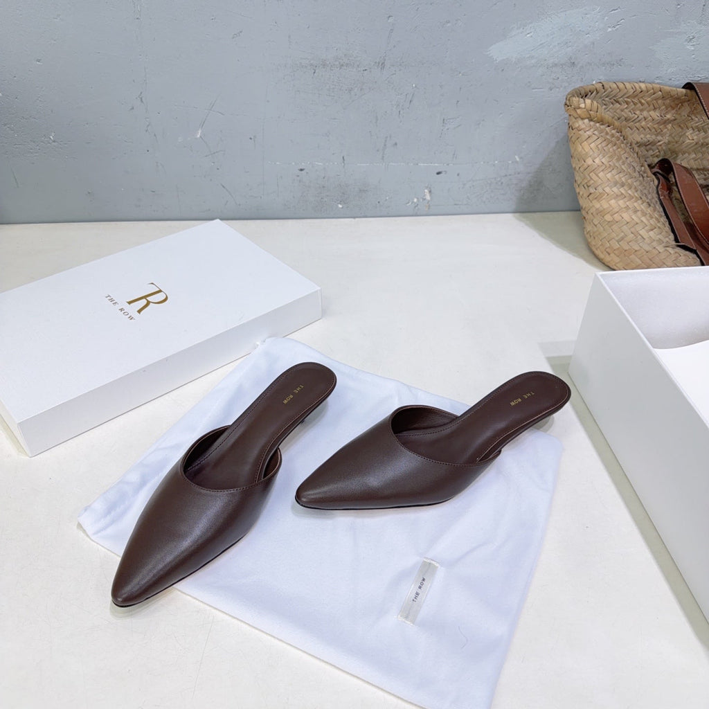 THE ROW 26S POINTED TOE MULE HEELS 35MM IN CHOCOLATE BROWN CALFSKIN