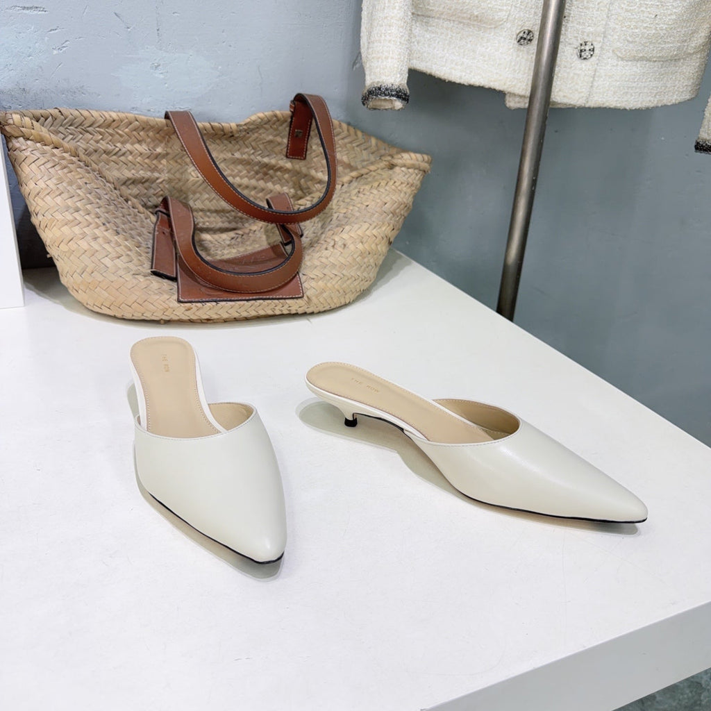 THE ROW 26S POINTED TOE MULE HEELS 35MM IN IVORY WHITE CALFSKIN