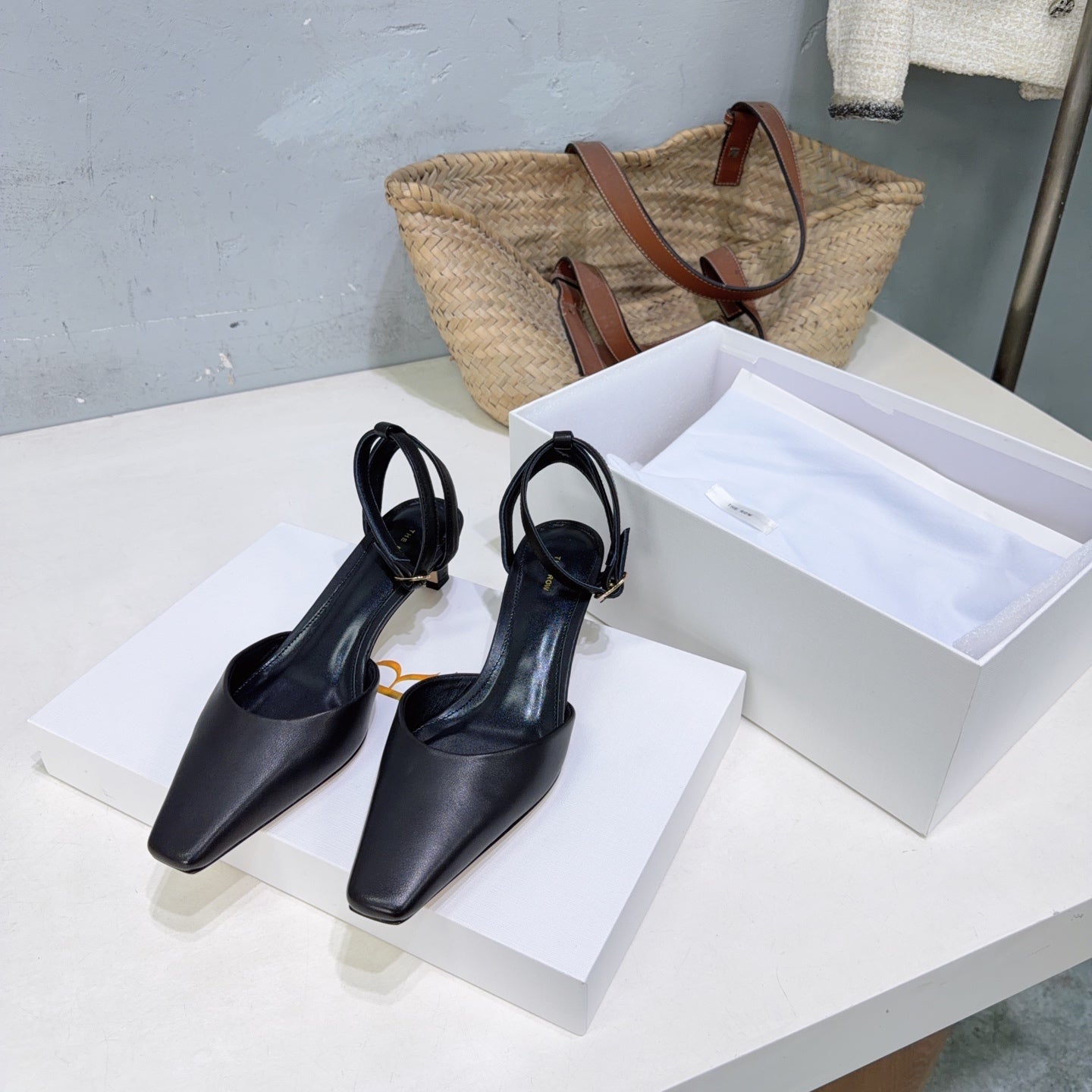 THE ROW 26S SQUARE TOE SLINGBACK HEELS 45MM IN BLACK CALFSKIN