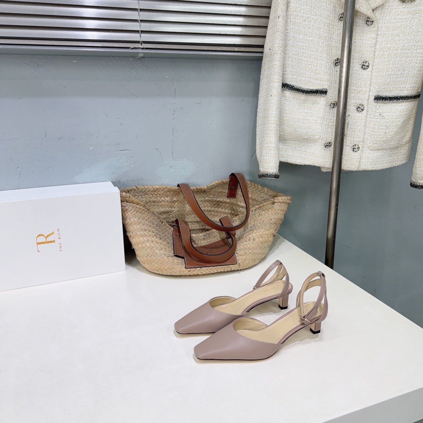 THE ROW 26S SQUARE TOE SLINGBACK HEELS 45MM IN MUTED TAUPE PINK CALFSKIN