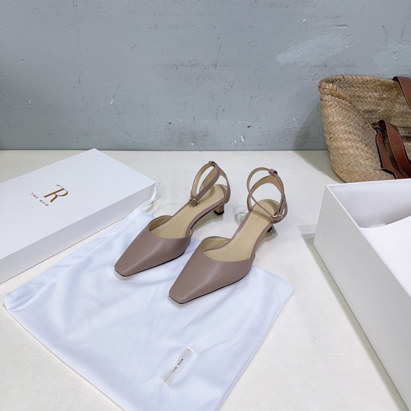 THE ROW 26S SQUARE TOE SLINGBACK HEELS 45MM IN MUTED TAUPE PINK CALFSKIN