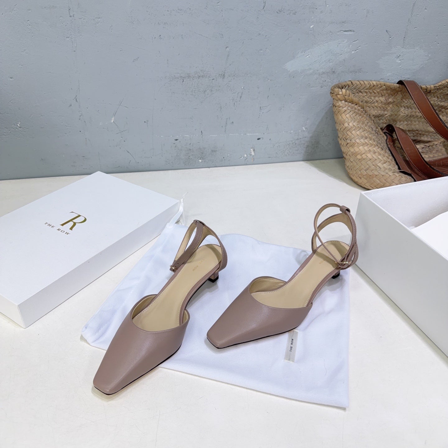 THE ROW 26S SQUARE TOE SLINGBACK HEELS 45MM IN MUTED TAUPE PINK CALFSKIN