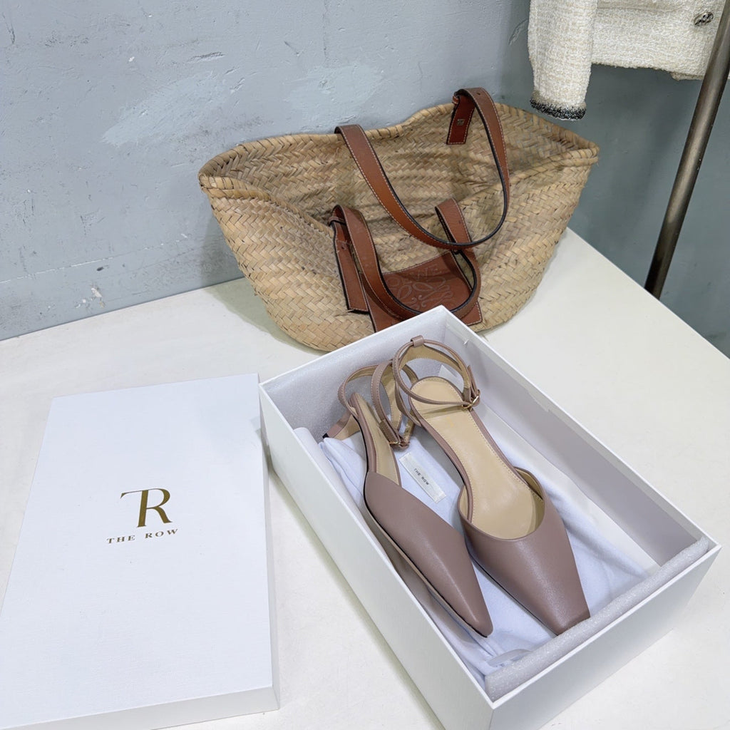 THE ROW 26S SQUARE TOE SLINGBACK HEELS 45MM IN MUTED TAUPE PINK CALFSKIN