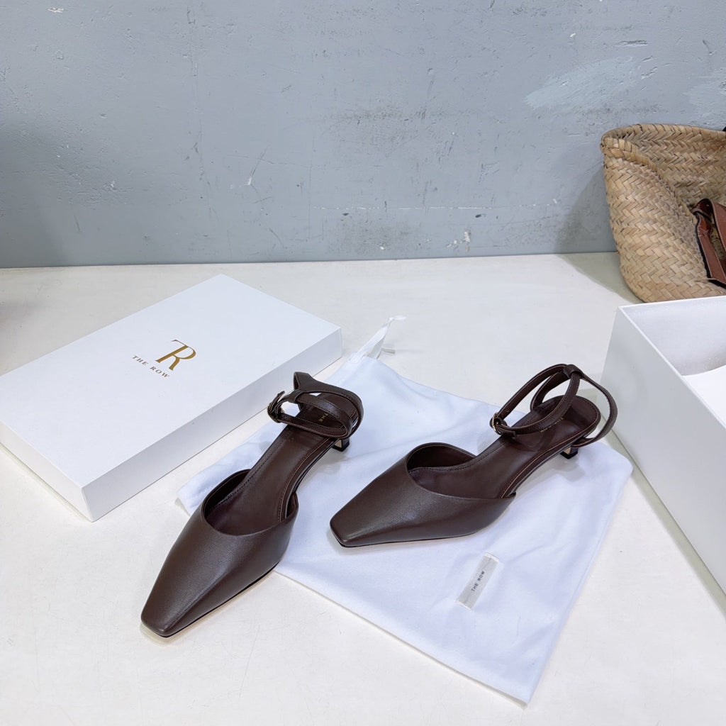 THE ROW 26S SQUARE TOE SLINGBACK HEELS 45MM IN DARK BROWN CALFSKIN