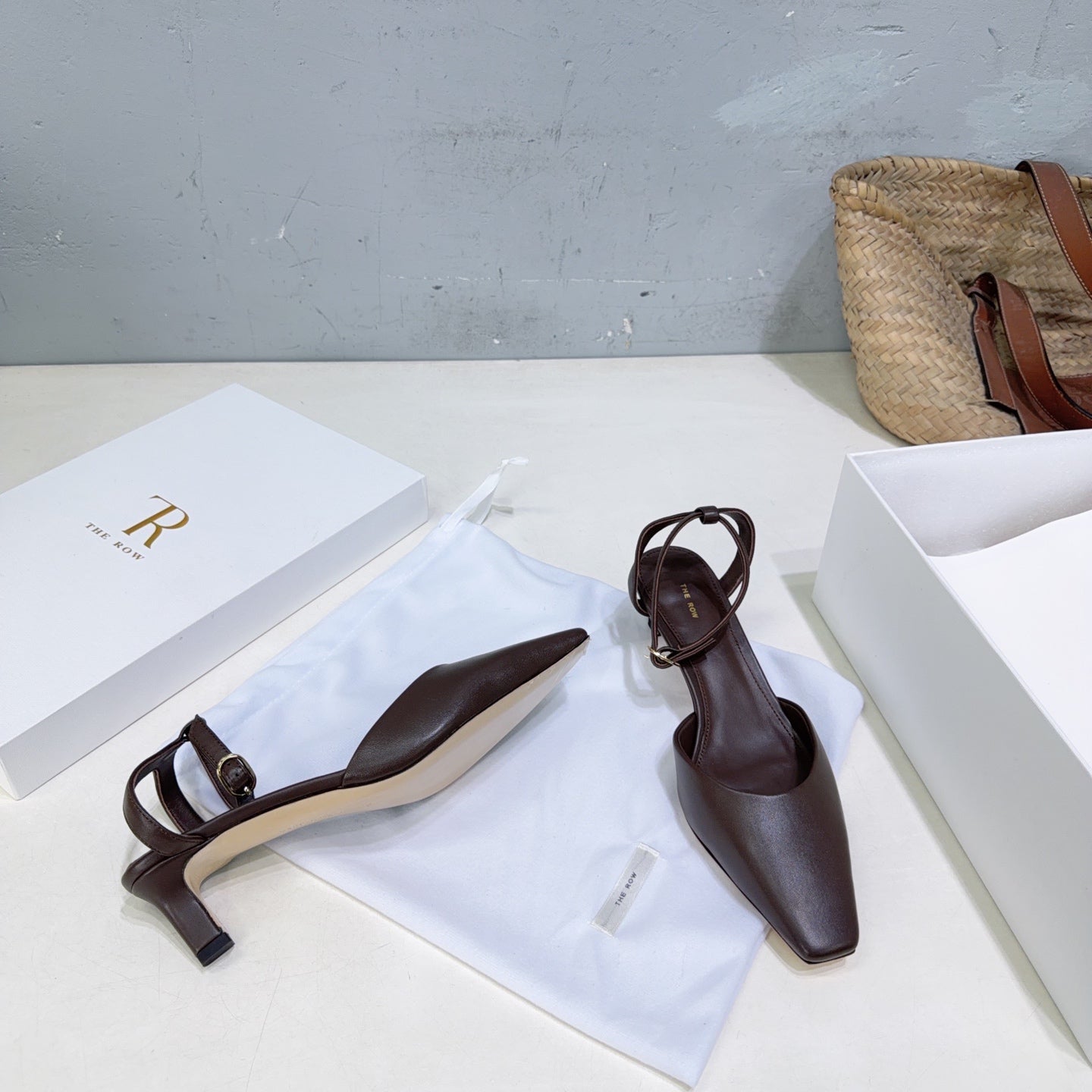THE ROW 26S SQUARE TOE SLINGBACK HEELS 45MM IN DARK BROWN CALFSKIN