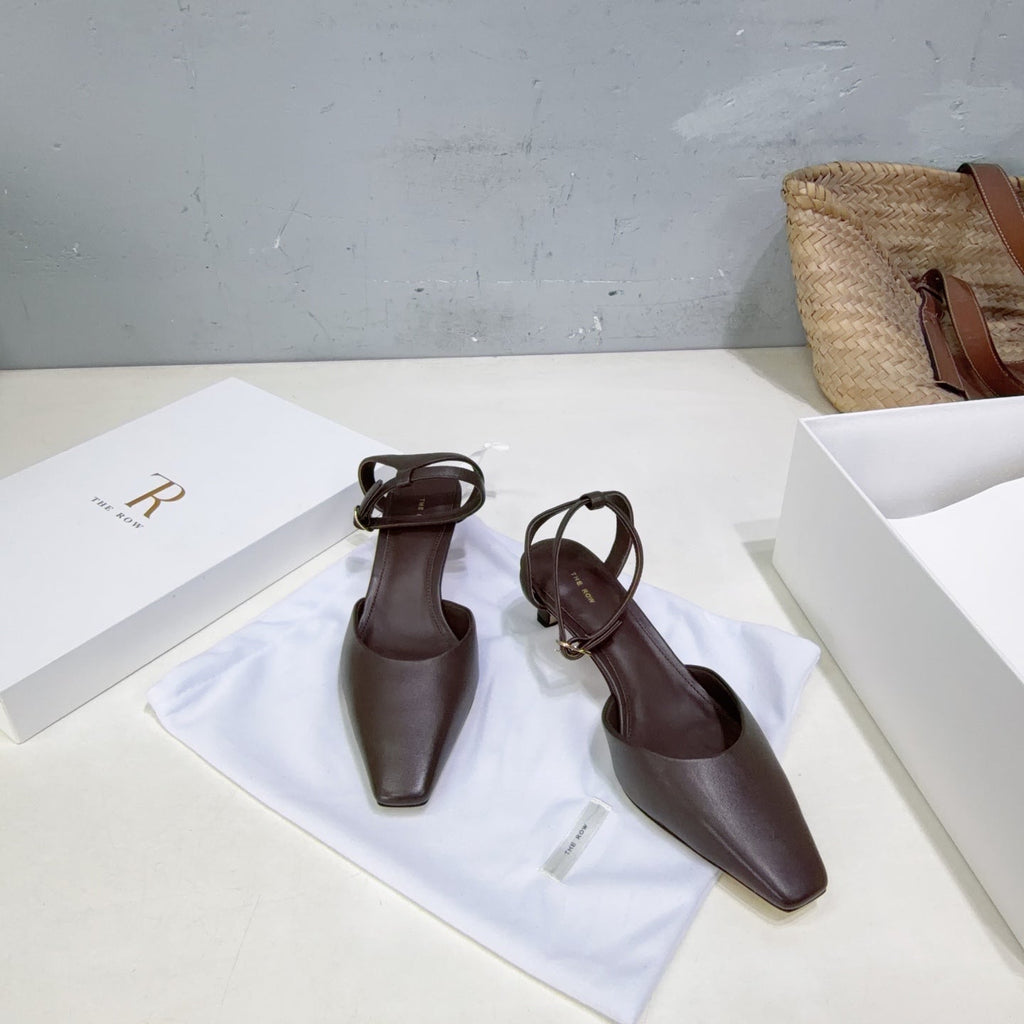 THE ROW 26S SQUARE TOE SLINGBACK HEELS 45MM IN DARK BROWN CALFSKIN