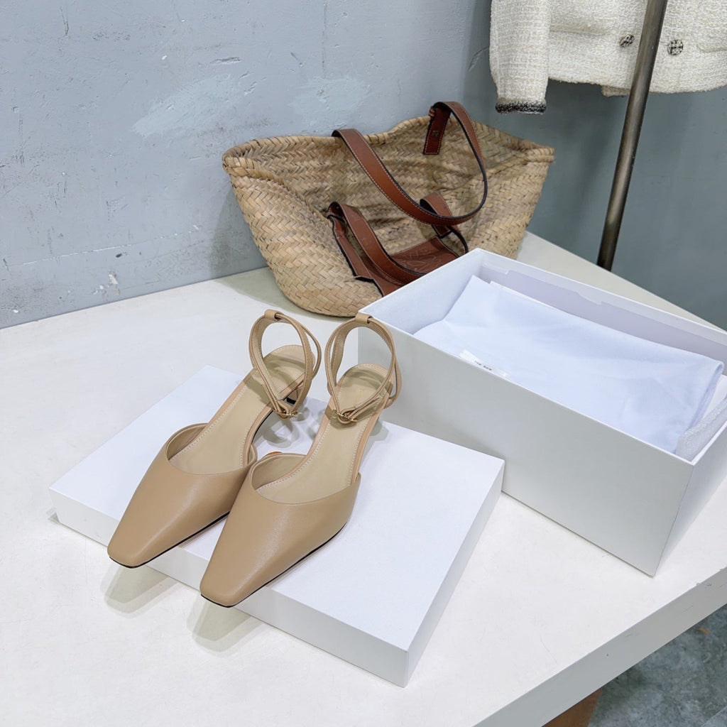 THE ROW 26S SQUARE TOE SLINGBACK HEELS 45MM IN BEIGE CALFSKIN