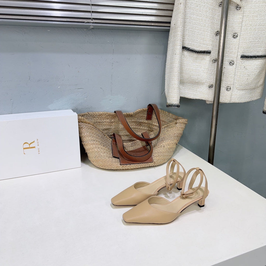 THE ROW 26S SQUARE TOE SLINGBACK HEELS 45MM IN BEIGE CALFSKIN