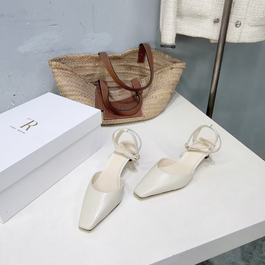 THE ROW 26S SQUARE TOE SLINGBACK HEELS 45MM IN IVORY WHITE CALFSKIN