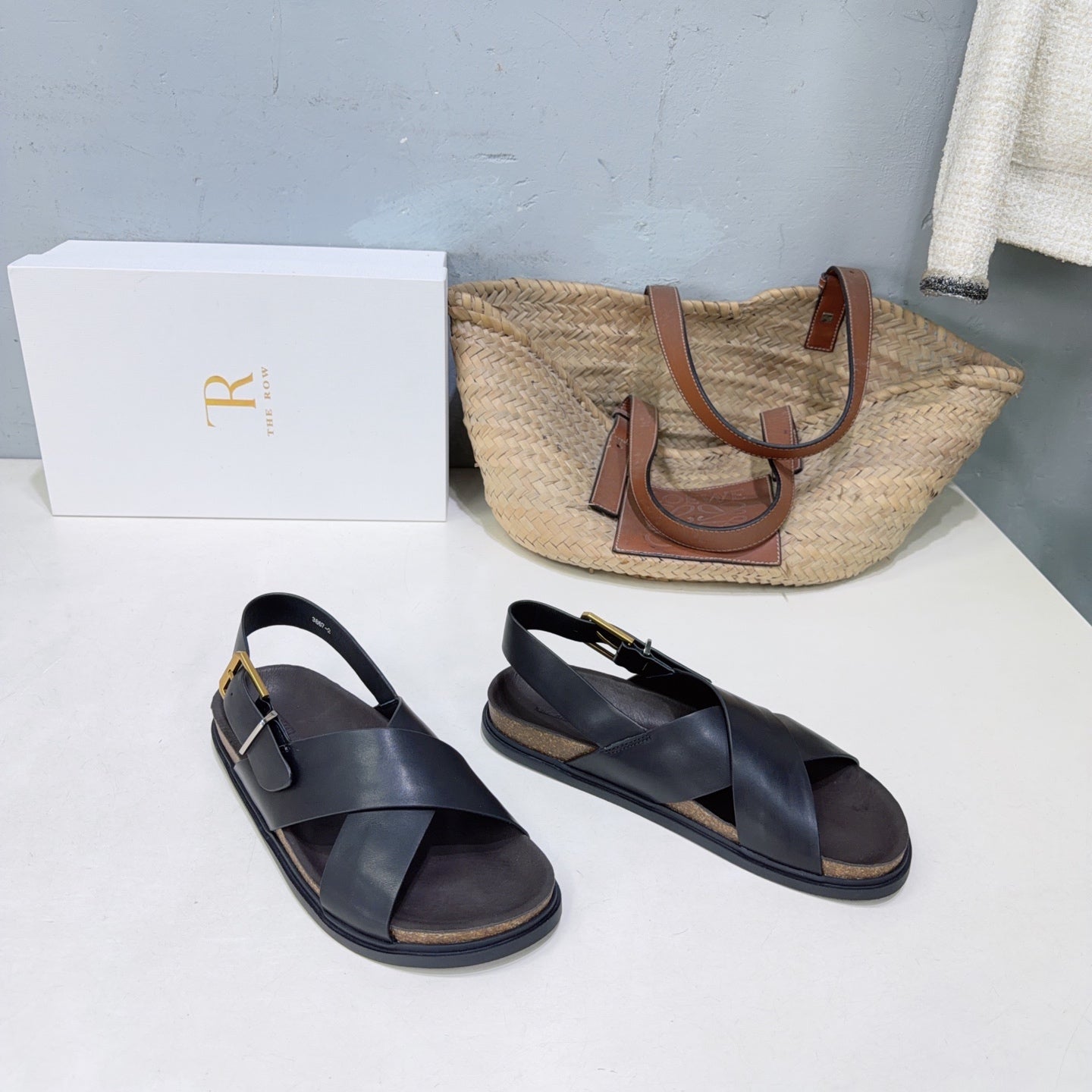 THE ROW 26S CROSS STRAP SANDALS IN BLACK CALFSKIN