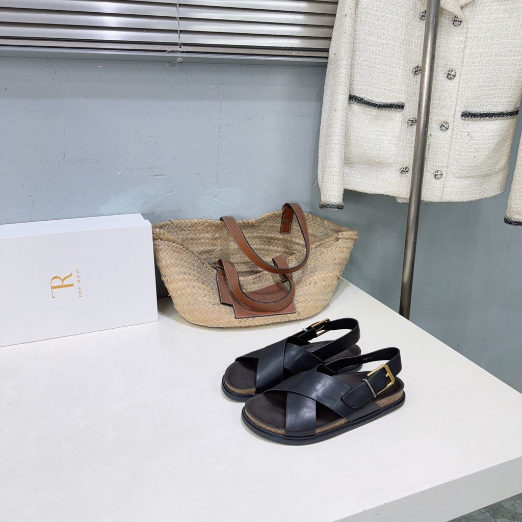 THE ROW 26S CROSS STRAP SANDALS IN BLACK CALFSKIN