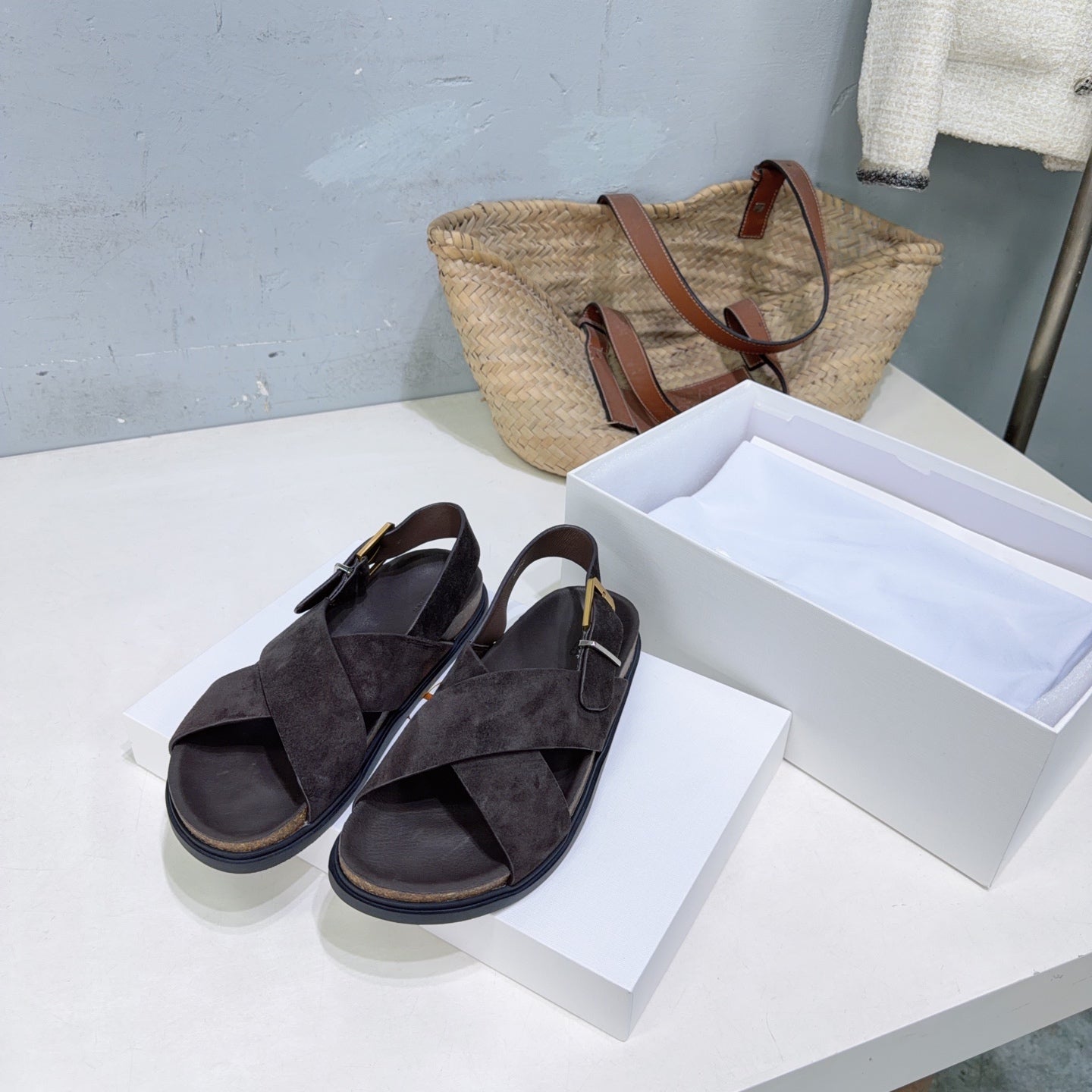 THE ROW 26S CROSS STRAP SANDALS IN DARK BROWN SUEDE