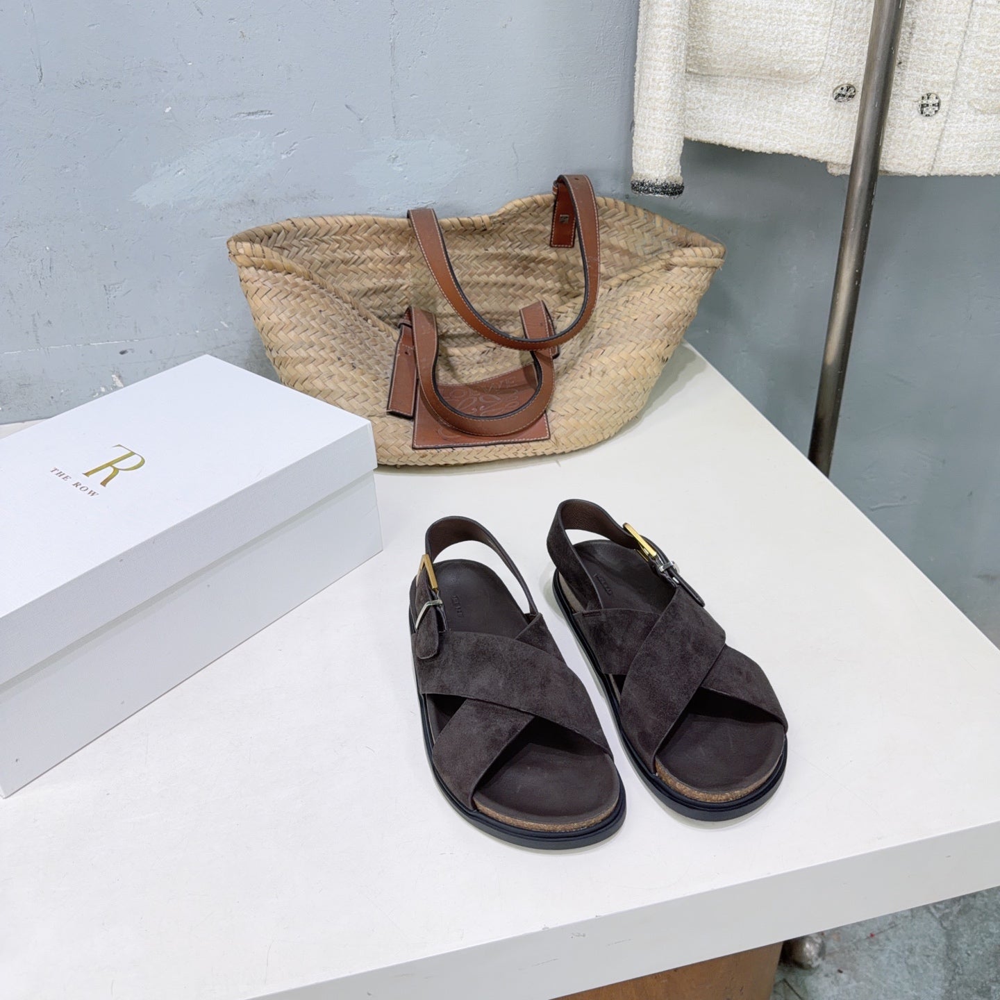 THE ROW 26S CROSS STRAP SANDALS IN DARK BROWN SUEDE