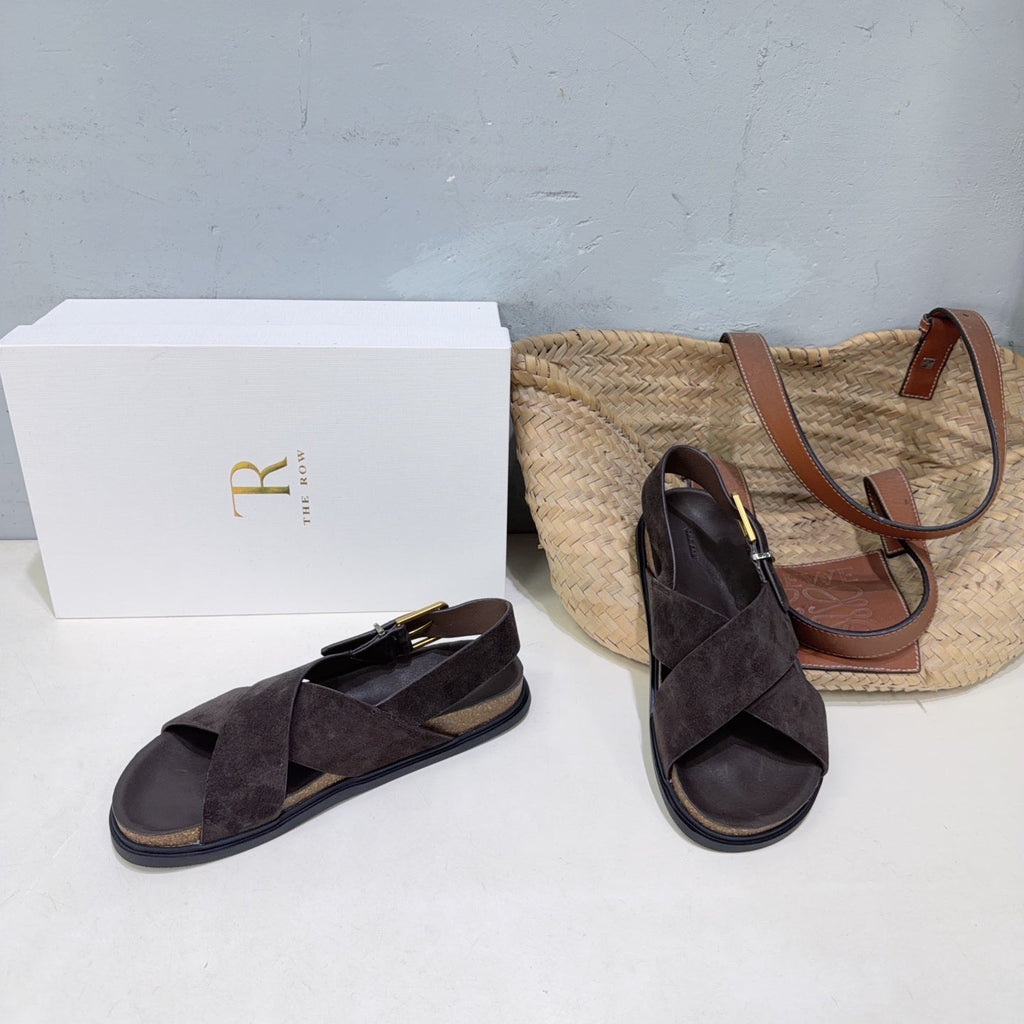 THE ROW 26S CROSS STRAP SANDALS IN DARK BROWN SUEDE