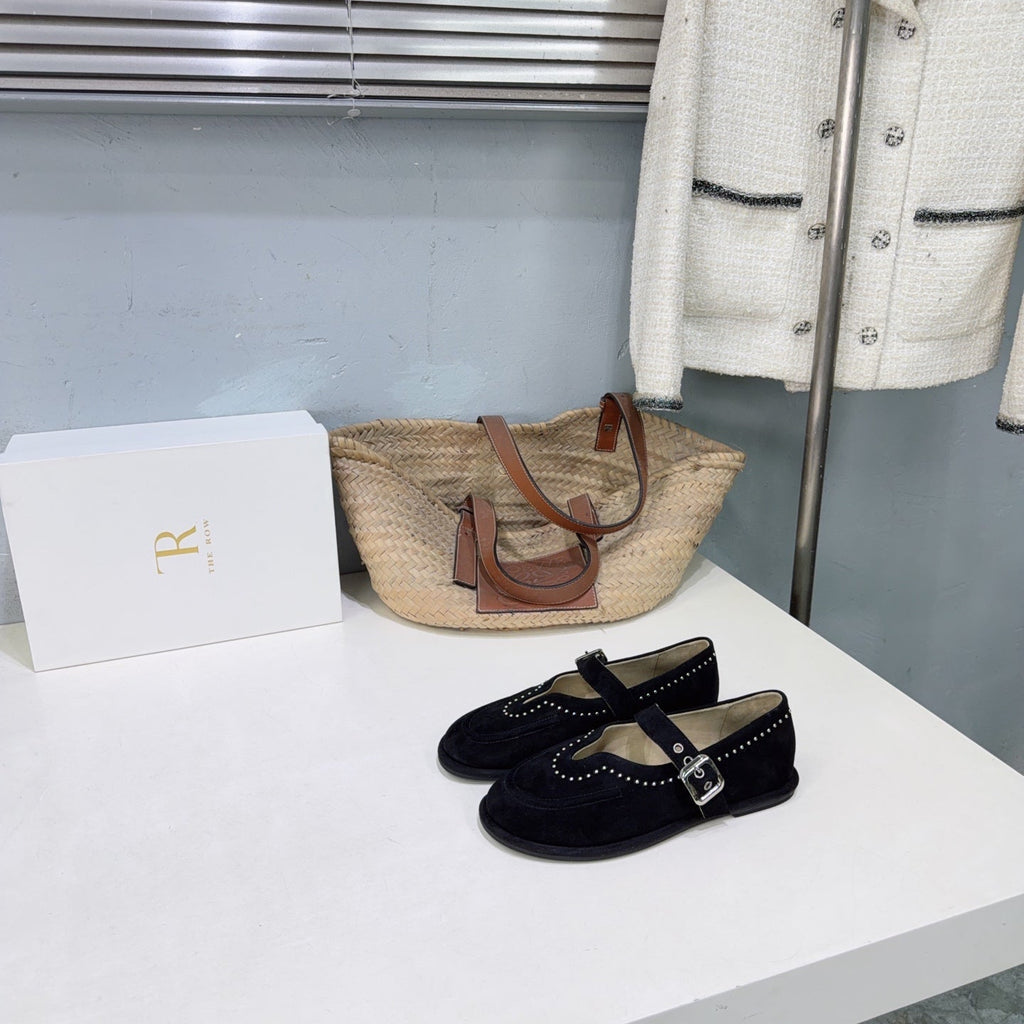 THE ROW 26S MARY JANE FLATS IN BLACK SUEDE SILVER HARDWARE