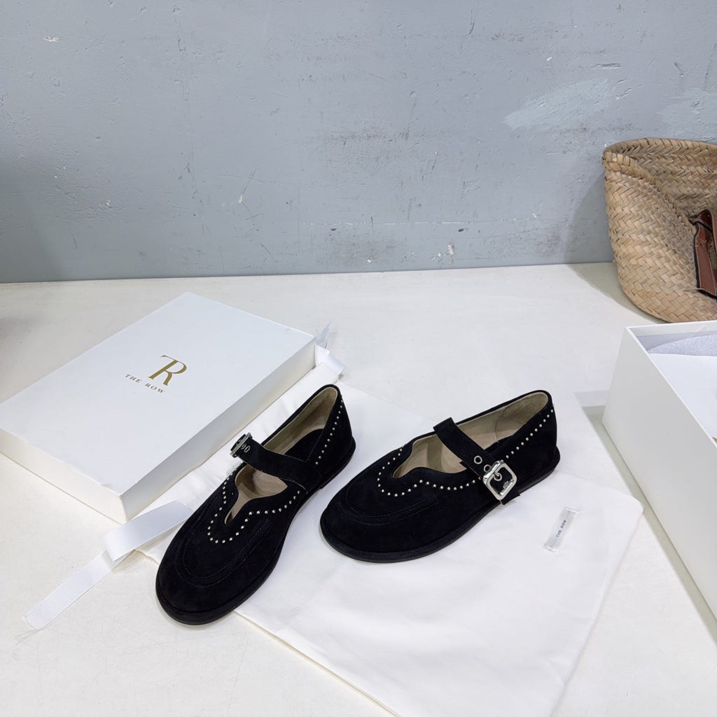 THE ROW 26S MARY JANE FLATS IN BLACK SUEDE SILVER HARDWARE