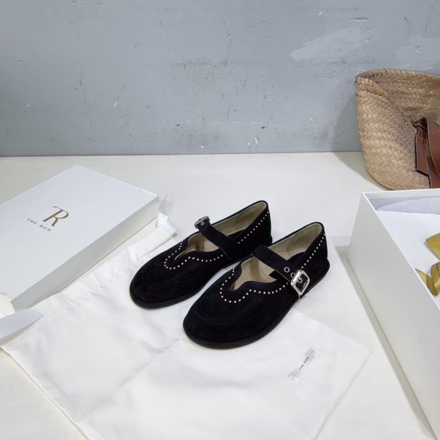 THE ROW 26S MARY JANE FLATS IN BLACK SUEDE SILVER HARDWARE