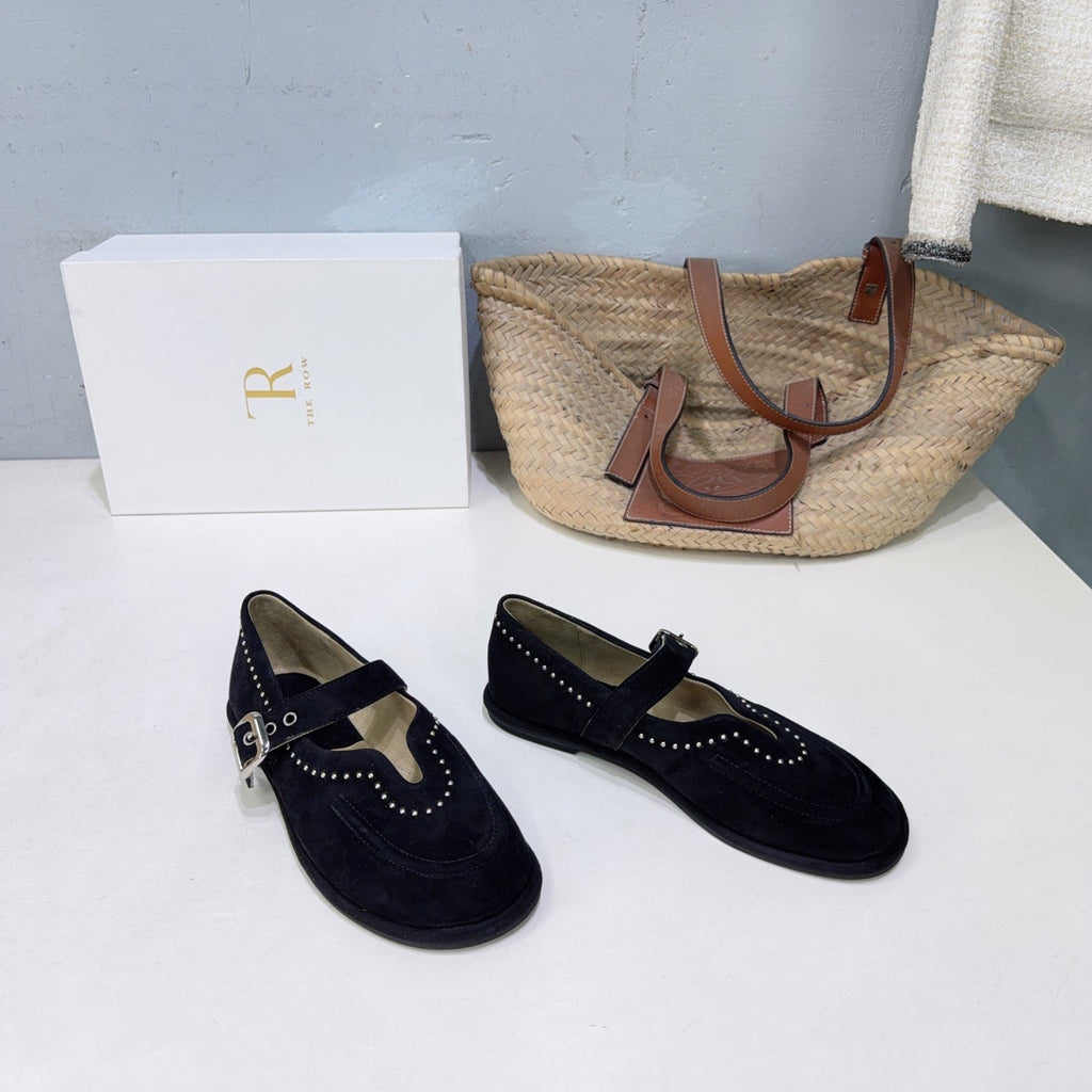 THE ROW 26S MARY JANE FLATS IN BLACK SUEDE SILVER HARDWARE