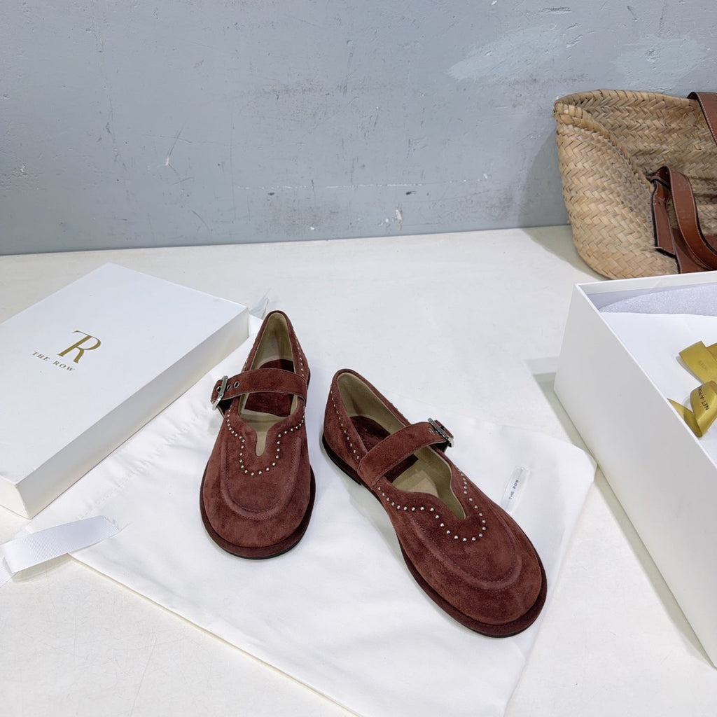 THE ROW 26S MARY JANE FLATS IN DARK BROWN SUEDE SILVER HARDWARE