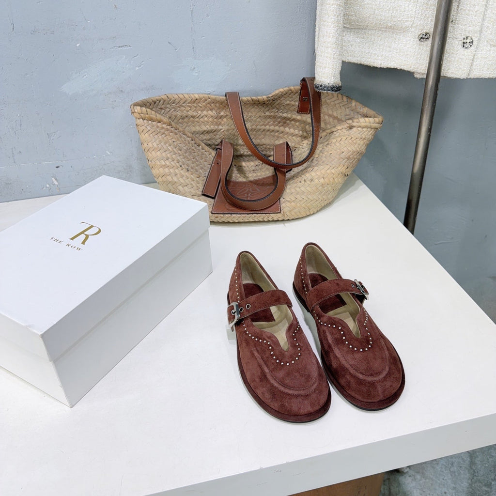 THE ROW 26S MARY JANE FLATS IN DARK BROWN SUEDE SILVER HARDWARE