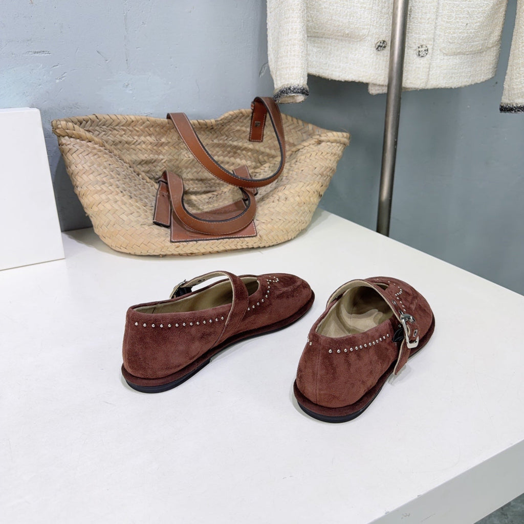 THE ROW 26S MARY JANE FLATS IN DARK BROWN SUEDE SILVER HARDWARE