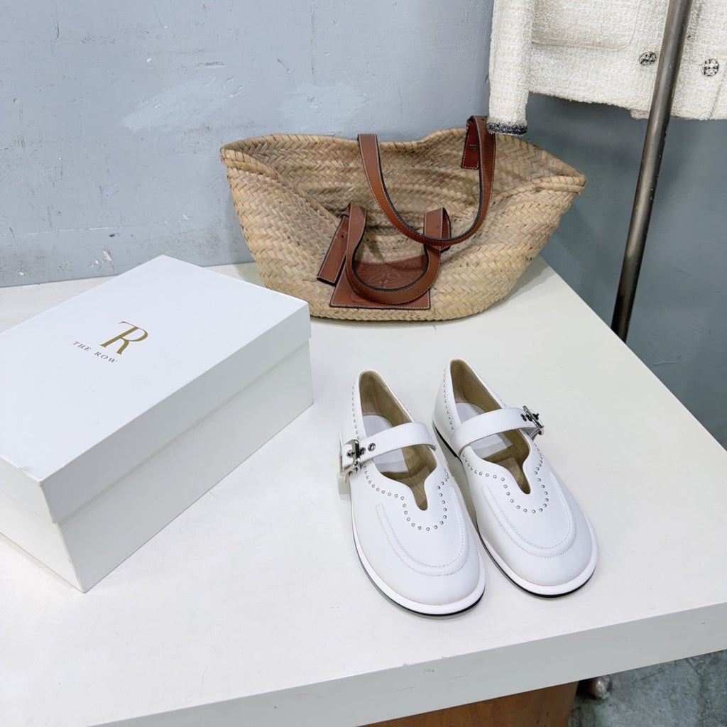 THE ROW 26S MARY JANE FLATS IN WHITE CALFSKIN SILVER HARDWARE