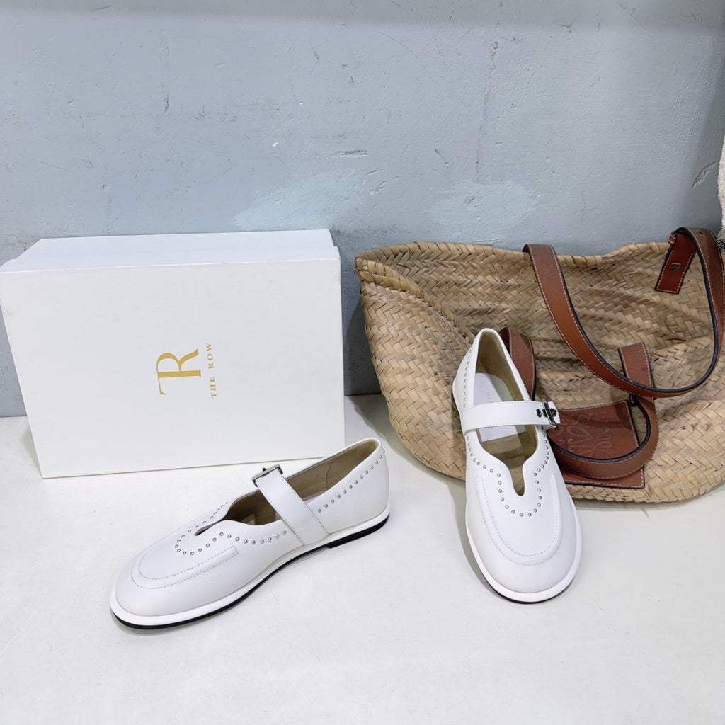 THE ROW 26S MARY JANE FLATS IN WHITE CALFSKIN SILVER HARDWARE