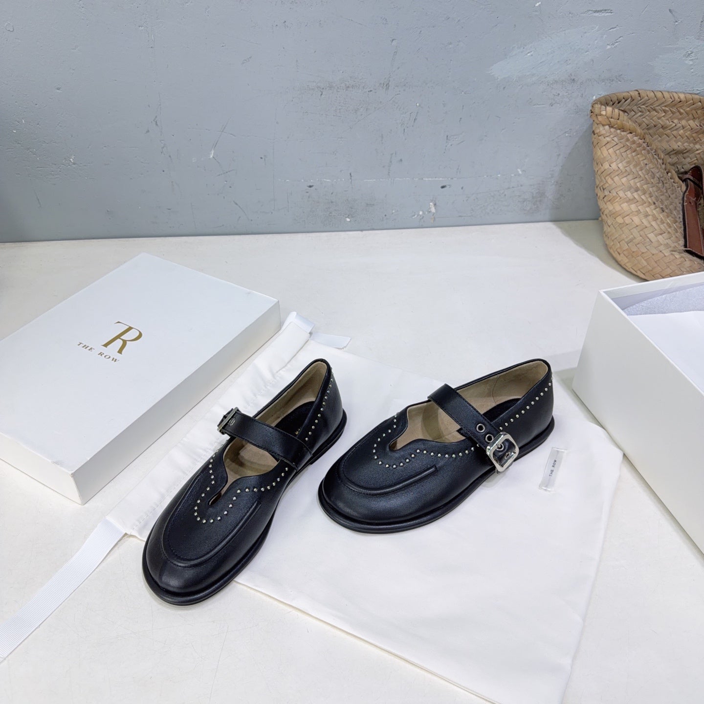 THE ROW 26S MARY JANE FLATS IN BLACK CALFSKIN SILVER HARDWARE