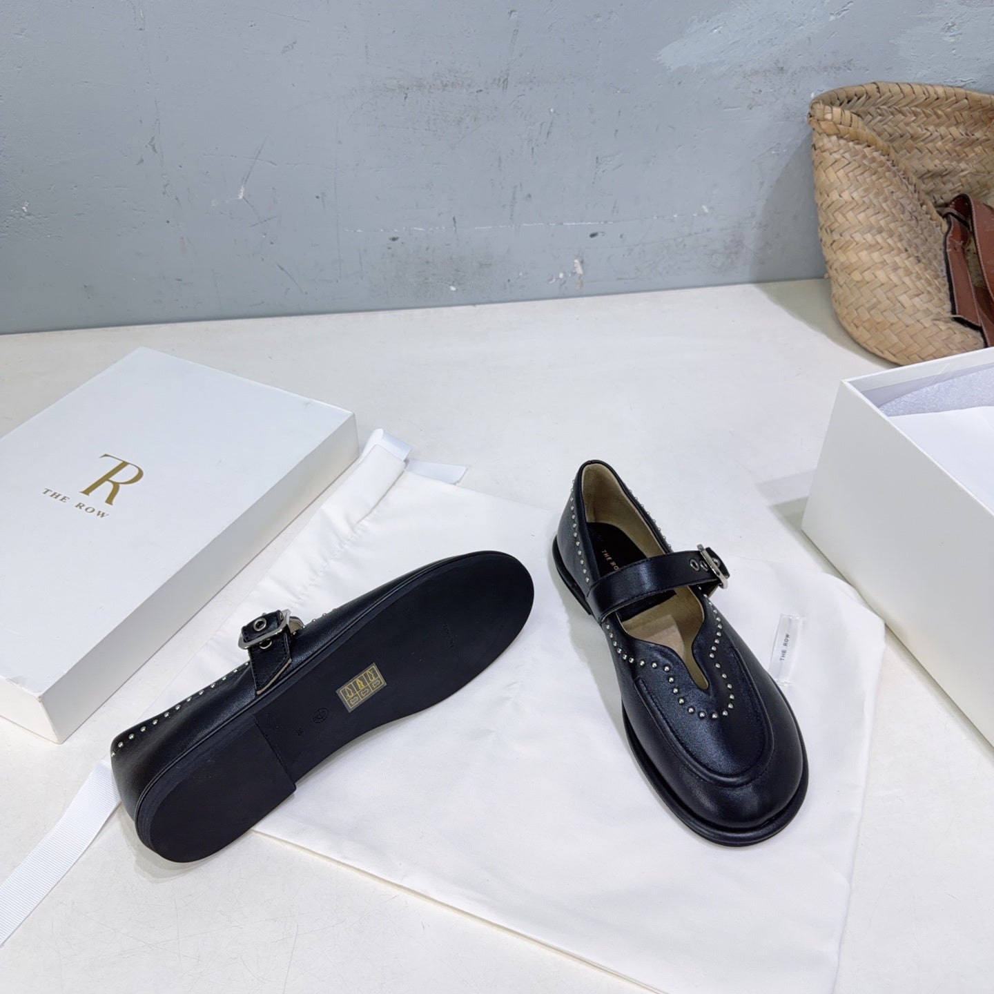 THE ROW 26S MARY JANE FLATS IN BLACK CALFSKIN SILVER HARDWARE