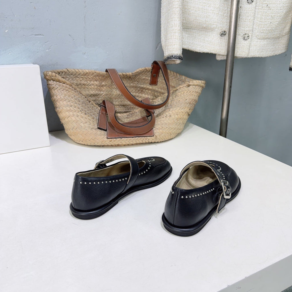 THE ROW 26S MARY JANE FLATS IN BLACK CALFSKIN SILVER HARDWARE