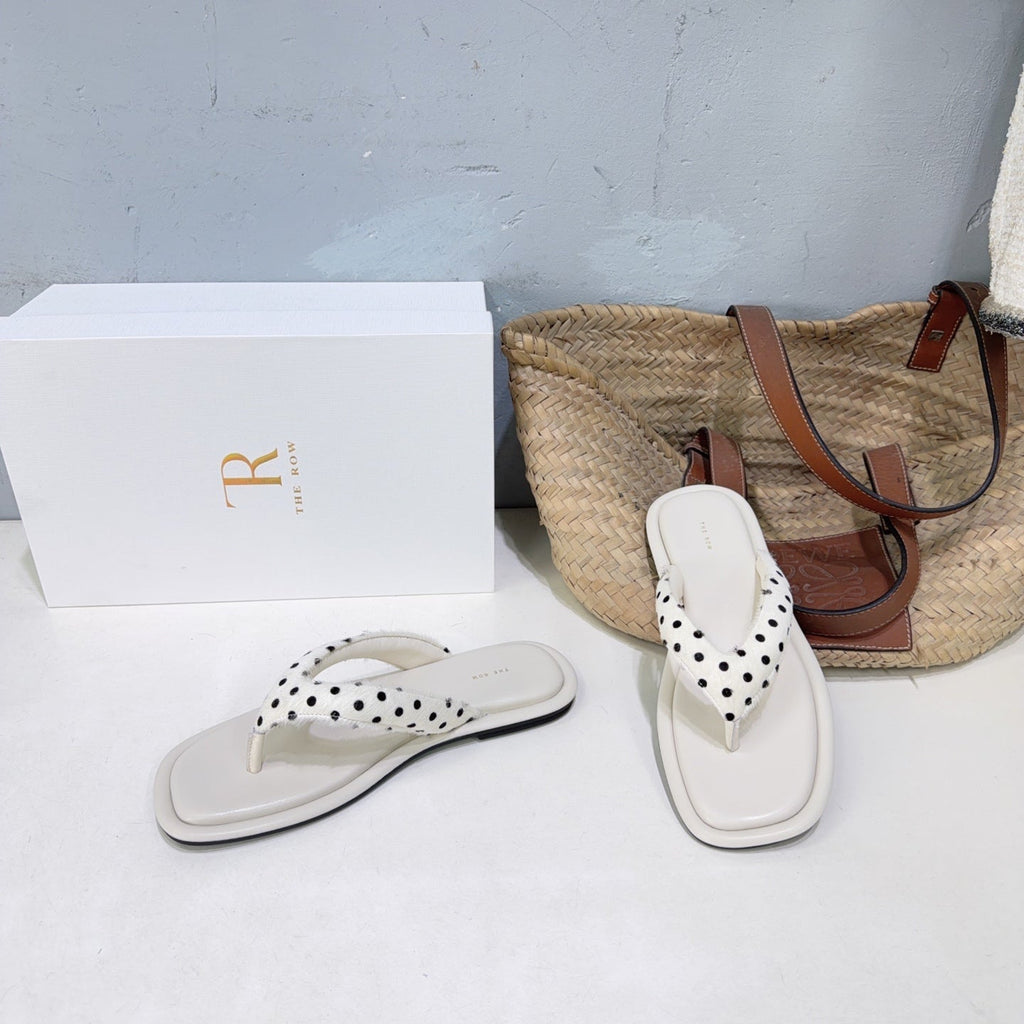 THE ROW 26S THONG SANDALS IN IVORY WHITE CALFSKIN & POLKA DOT CALF HAIR STRAPS