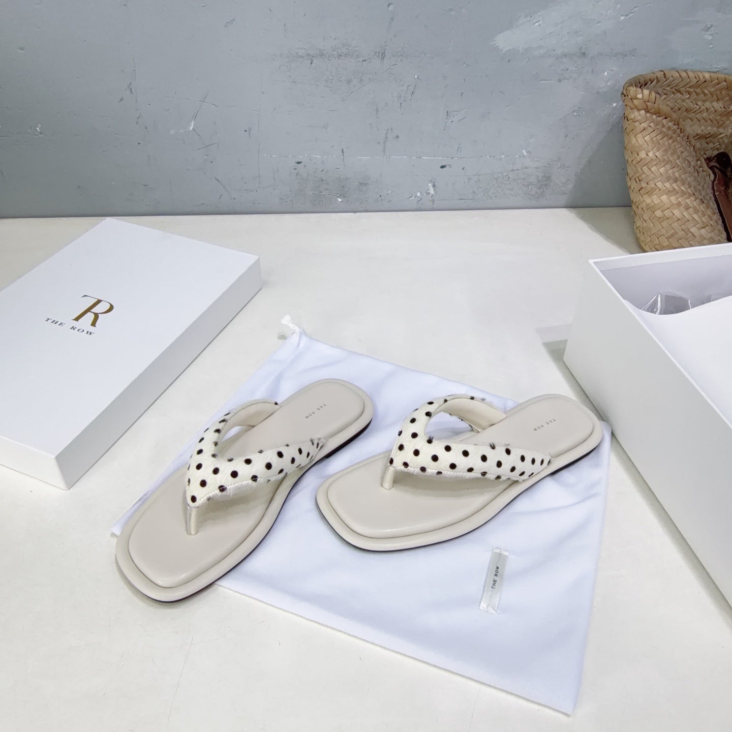 THE ROW 26S THONG SANDALS IN IVORY WHITE CALFSKIN & POLKA DOT CALF HAIR STRAPS