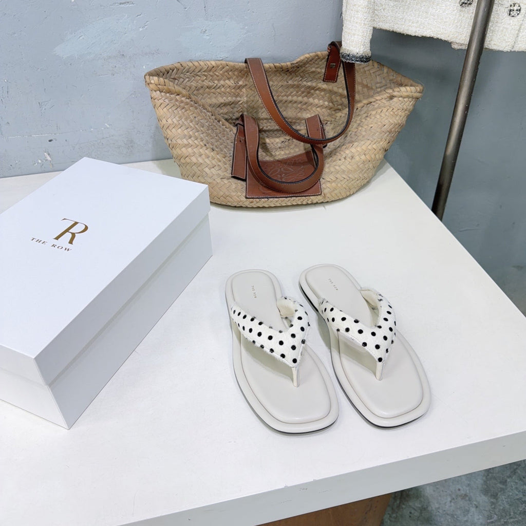 THE ROW 26S THONG SANDALS IN IVORY WHITE CALFSKIN & POLKA DOT CALF HAIR STRAPS