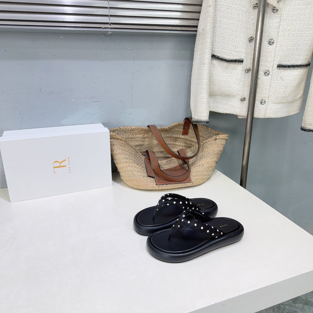 THE ROW 26S PLATFORM THONG SANDALS IN BLACK CALFSKIN & POLKA DOT CALF HAIR STRAPS