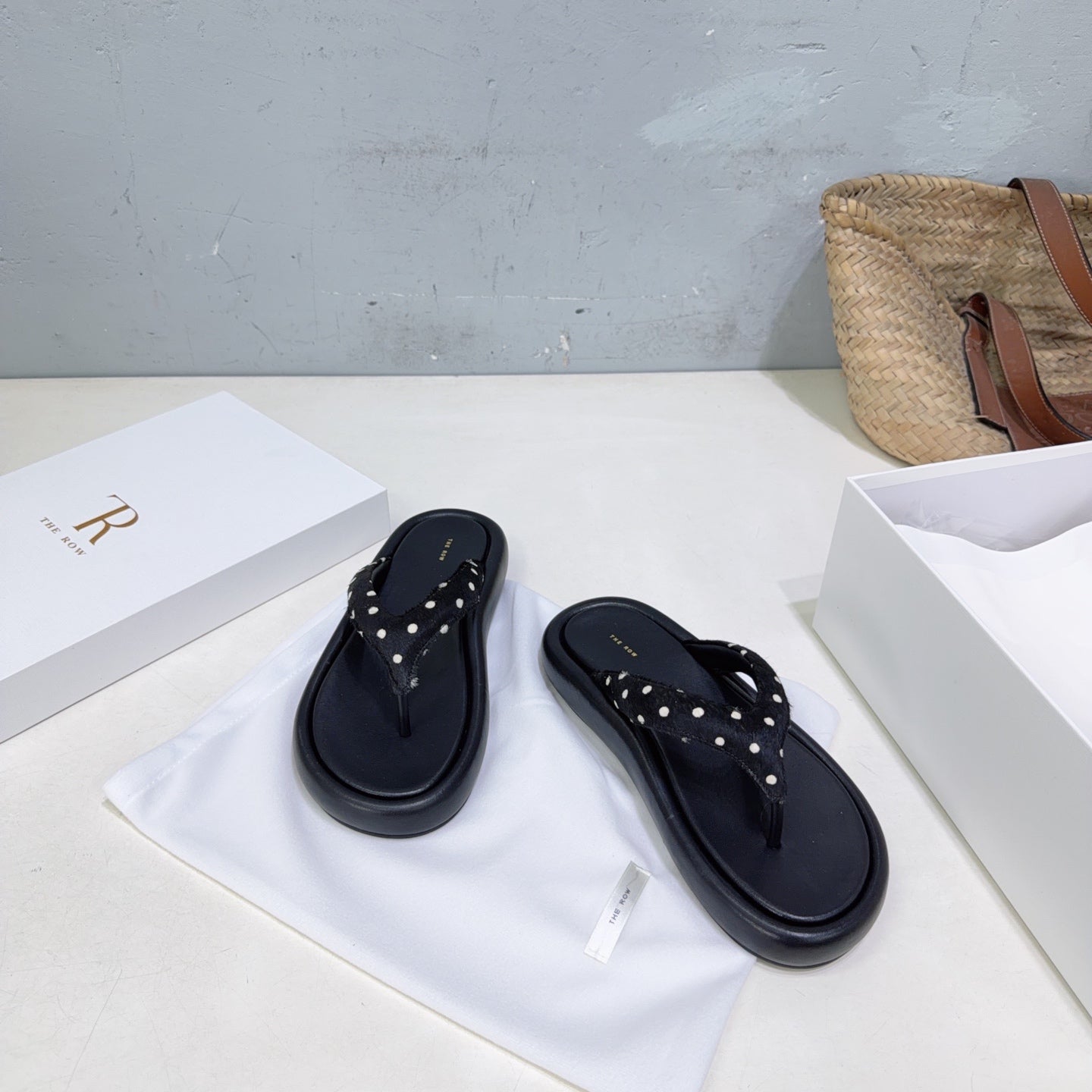 THE ROW 26S PLATFORM THONG SANDALS IN BLACK CALFSKIN & POLKA DOT CALF HAIR STRAPS