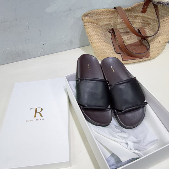 THE ROW 26S STRAP SLIDES IN BLACK CALFSKIN