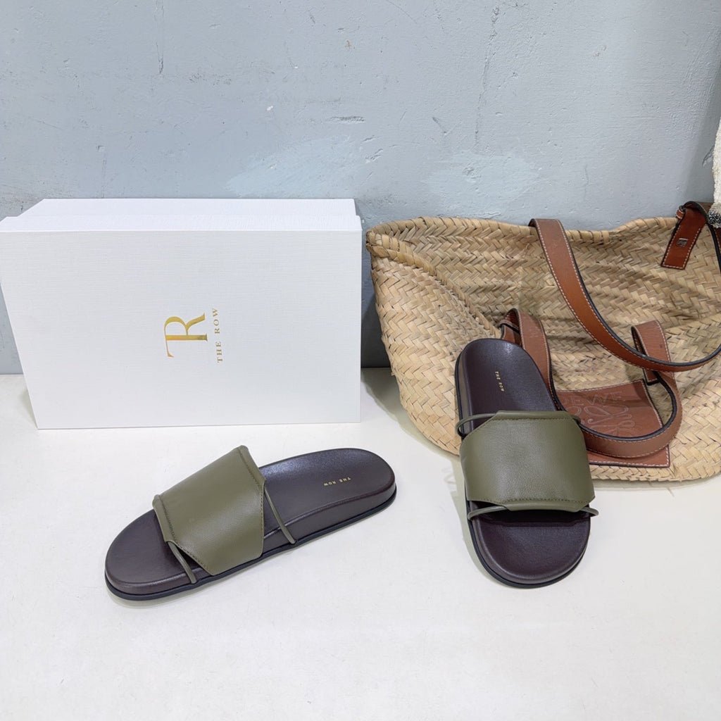 THE ROW 26S STRAP SLIDES IN OLIVE GREEN CALFSKIN