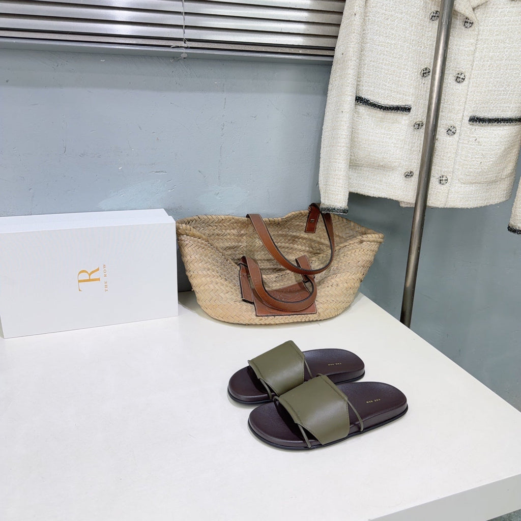 THE ROW 26S STRAP SLIDES IN OLIVE GREEN CALFSKIN