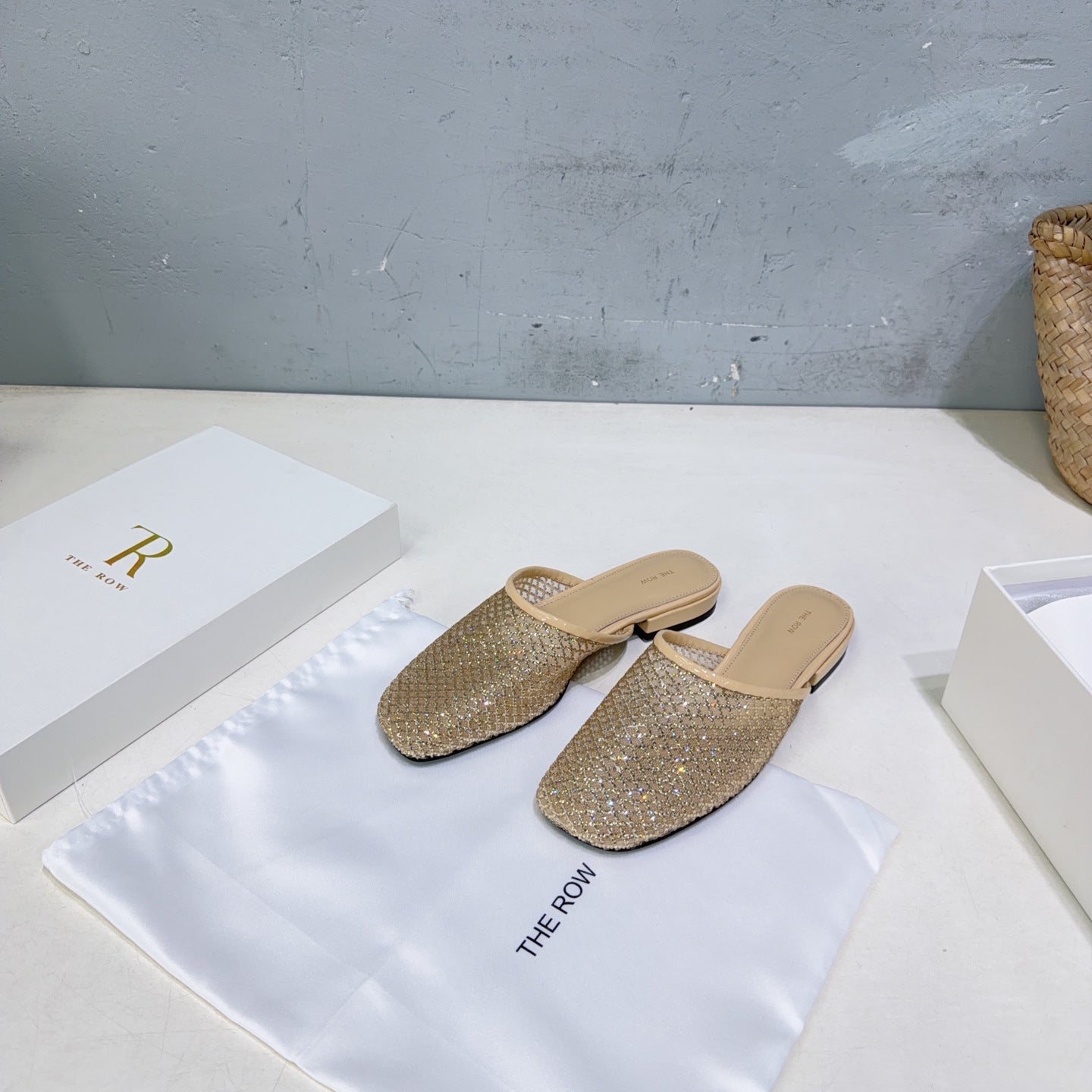 THE ROW 26S MULE FLATS IN BEIGE MESH FABRIC