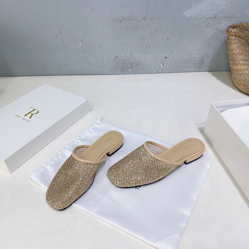 THE ROW 26S MULE FLATS IN BEIGE MESH FABRIC
