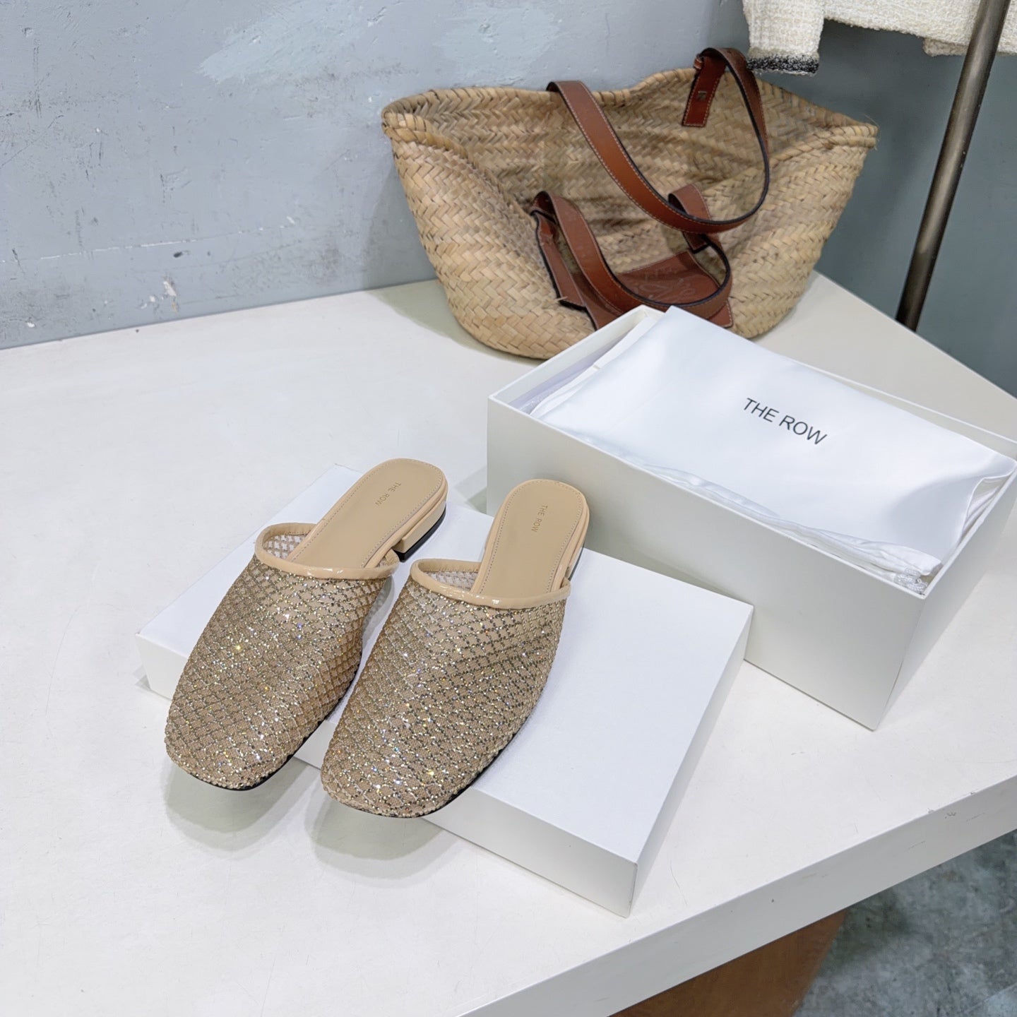THE ROW 26S MULE FLATS IN BEIGE MESH FABRIC