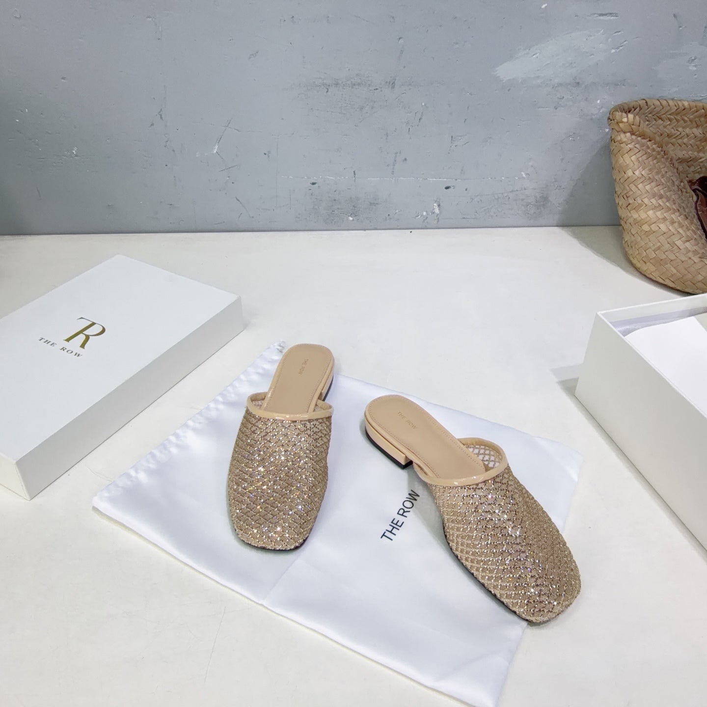 THE ROW 26S MULE FLATS IN BEIGE MESH FABRIC