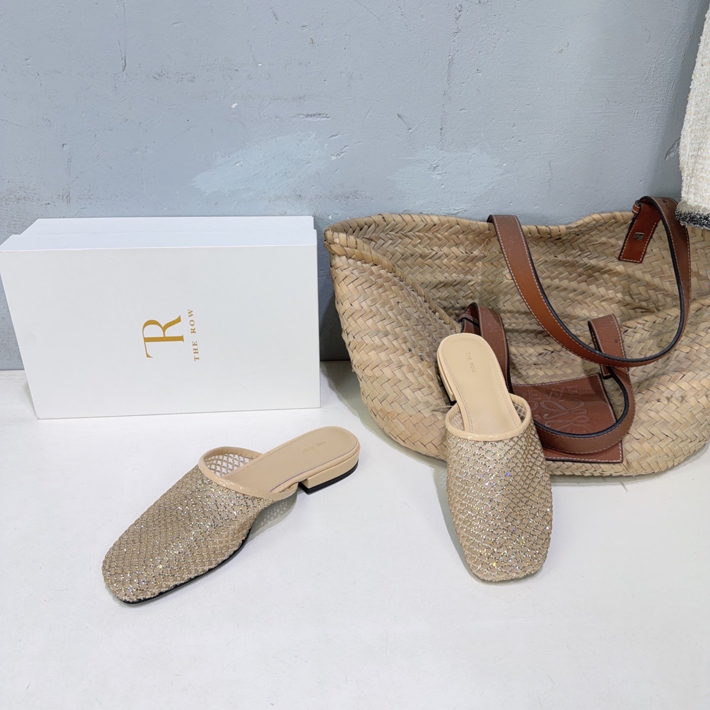 THE ROW 26S MULE FLATS IN BEIGE MESH FABRIC